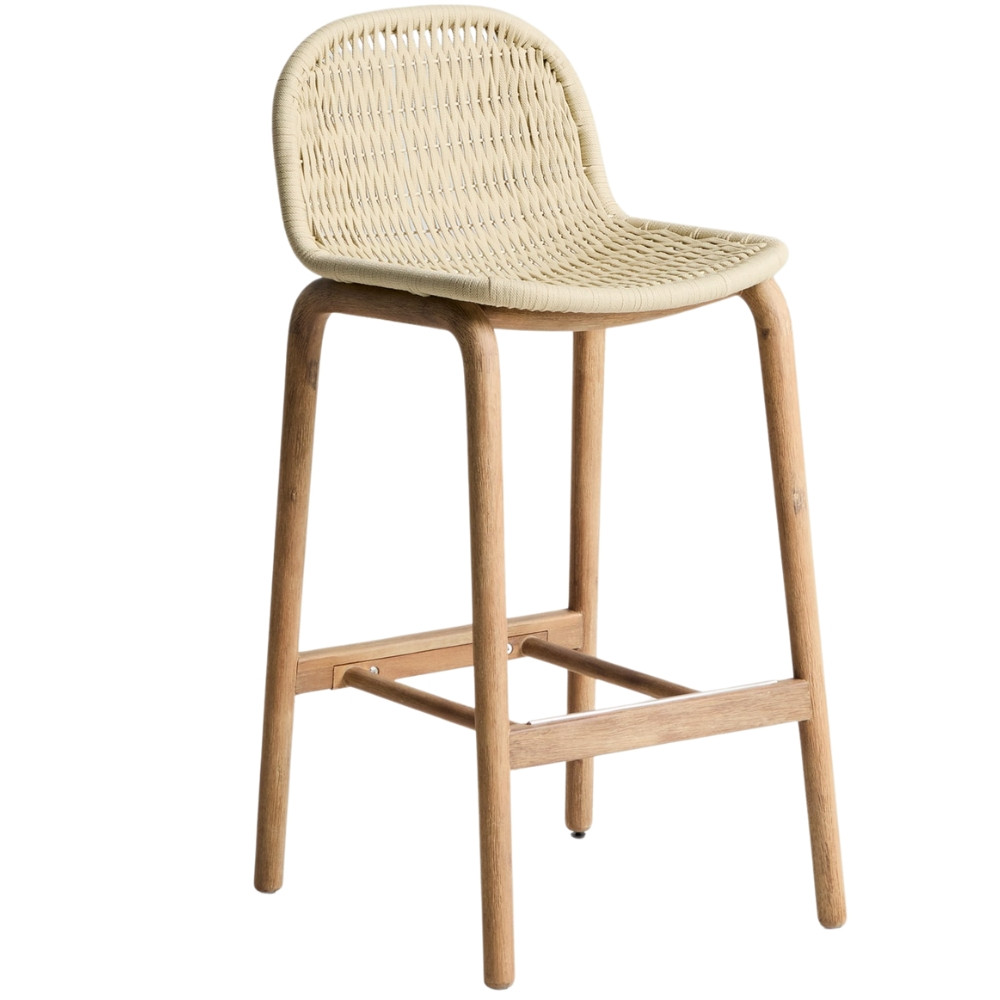 Kave Home Dřevěná zahradní barová židle Alipa 75 cm s béžovým výpletem