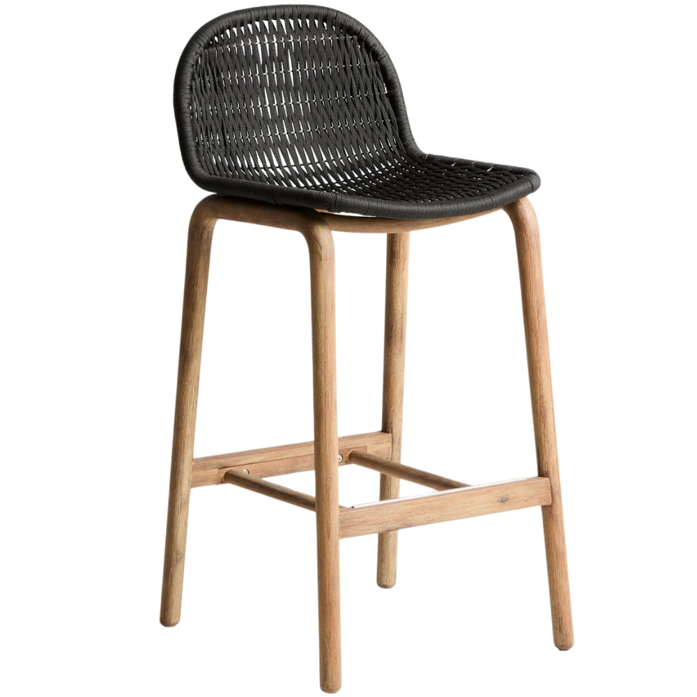 Kave Home Dřevěná zahradní barová židle Alipa 75 cm s tmavě šedým výpletem