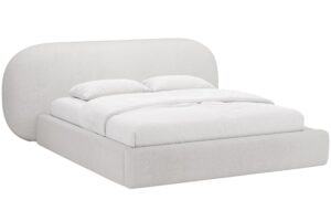 Světle šedá bouclé dvoulůžková postel MICADONI Ovalo 160 x 200 cm s úložným prostorem