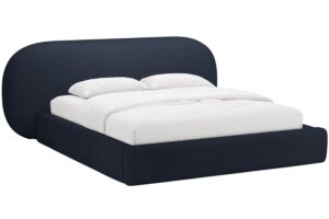 Tmavě modrá bouclé dvoulůžková postel MICADONI Ovalo 160 x 200 cm s úložným prostorem