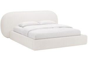 Bílá bouclé dvoulůžková postel MICADONI Ovalo 180 x 200 cm s úložným prostorem